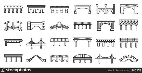 Bridges construction icons set. Outline set of bridges construction vector icons for web design isolated on white background. Bridges construction icons set, outline style
