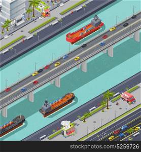 Bridges In City Isometric Composition . Bridges in the city isometric composition with transport people and ships vector illustration