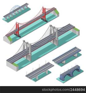 Bridges isometric set above river bay or lake isolated vector illustration . Bridges Isometric Set