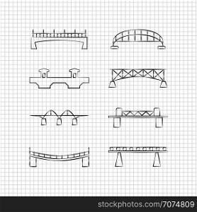 Bridges thin line icons on notebook page. Set of bridge, vector illustration. Bridges thin line icons