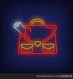 Brief case neon sign. Work, portfolio, paper. Vector illustration in neon style for topics like business, finance, job