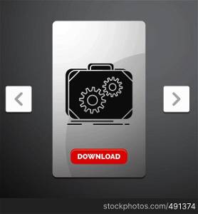 Briefcase, case, production, progress, work Glyph Icon in Carousal Pagination Slider Design & Red Download Button. Vector EPS10 Abstract Template background