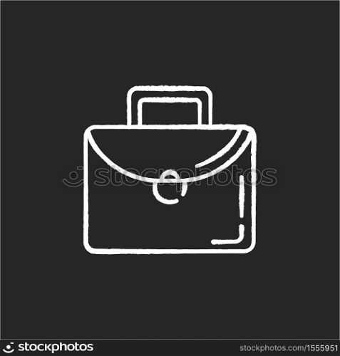 Briefcase chalk white icon on black background. School bag. Professional woman suitcase. Man leather bag for office. Baggage with lock and handle. Isolated vector chalkboard illustration. Briefcase chalk white icon on black background