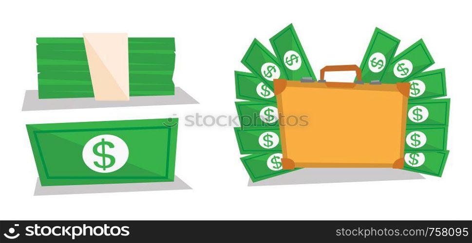 Briefcase full of money, dollar bill and bundle of money vector flat design illustration isolated on white background.. Briefcase full of money, bundle of dollars.