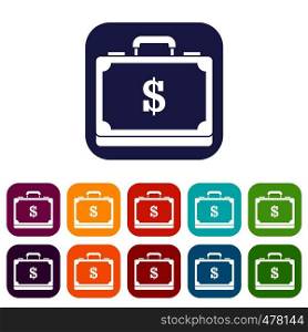Briefcase full of money icons set vector illustration in flat style in colors red, blue, green, and other. Briefcase full of money icons set