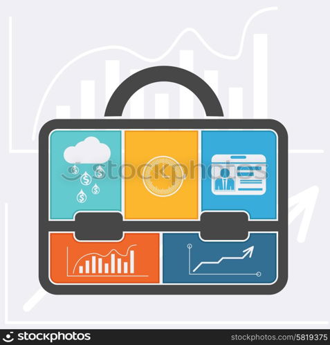 Briefcase with graph clock badge money cloud icons flat design style. Business concept