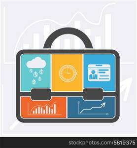 Briefcase with graph clock badge money cloud icons flat design style. Business concept