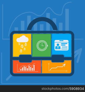 Briefcase with graph clock badge money cloud icons flat design style. Business concept. Briefcase with graph clock badge money cloud