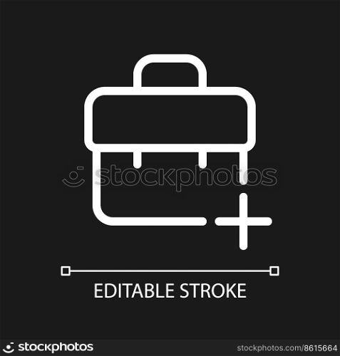 Briefcase with plus pixel perfect white linear ui icon for dark theme. Business communication. Vector line pictogram. Isolated user interface symbol for night mode. Editable stroke. Poppins font used. Briefcase with plus pixel perfect white linear ui icon for dark theme