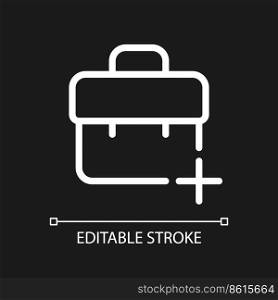 Briefcase with plus pixel perfect white linear ui icon for dark theme. Business communication. Vector line pictogram. Isolated user interface symbol for night mode. Editable stroke. Poppins font used. Briefcase with plus pixel perfect white linear ui icon for dark theme