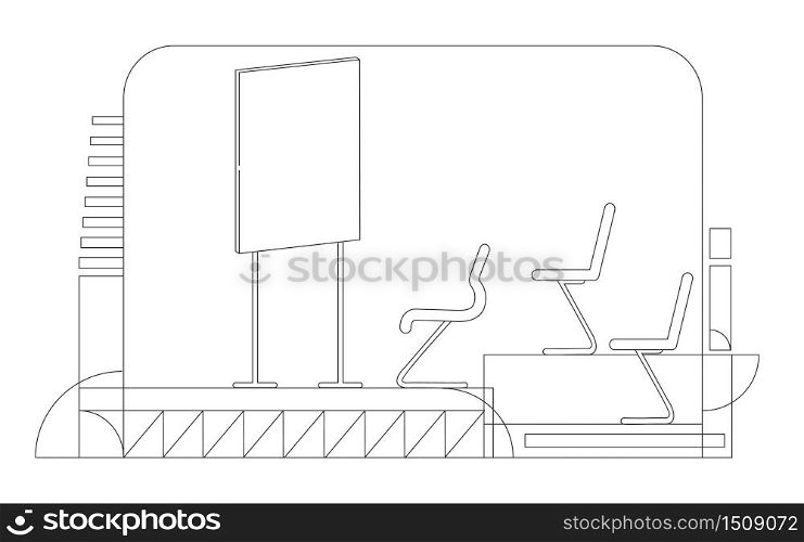 Briefing room outline vector illustration. Corporate boardroom, conference hall contour composition on white background. Empty auditorium, classroom with whiteboard simple style drawing