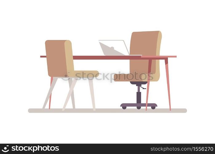 Briefing room semi flat RGB color vector illustration. Space for corporate work. Desktop to hold job interview. Meeting room. Two chairs near table isolated cartoon object on white background. Briefing room semi flat RGB color vector illustration