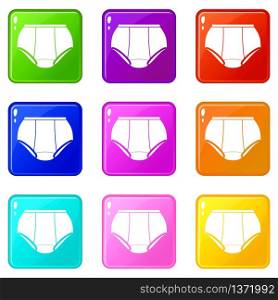 Briefs underpants icons set 9 color collection isolated on white for any design. Briefs underpants icons set 9 color collection