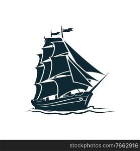 Brigantine boat sailing in sea waters isolated sailboat with fiberglass cloth and flags. Vector monochrome marine yacht. Retro sailing boat with canvas isolated