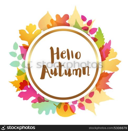 Bright abstract autumn banner with falling leaves. Hello autumn lettering.