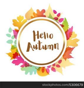Bright abstract autumn banner with falling leaves. Hello autumn lettering.