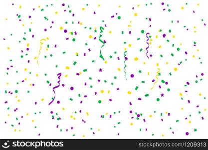 Bright abstract dot mardi gras pattern on white background. Vector illustration for holiday design. Carnival festival colorful bead backdrop, border, frame. Light yellow, green, purple color confetti