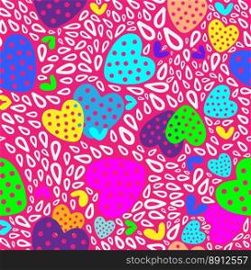Bright abstract neon pattern with multicolored hearts, raindrops. Vector illustration. Pattern for Valentines Day . Bright abstract neon pattern with hearts, raindrops and doodles