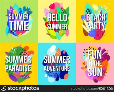 Bright Abstract Summer Sale Banners Collection . Summer time sales advertisement 6 bright abstract banners collection with beach party announcement isolated vector illustration