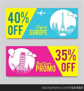 Bright and colorful promotion banner with pink and blue color for Europe travel,silhouette art design,vector illustration