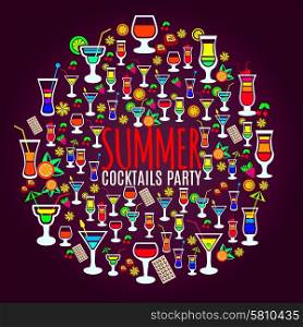 Bright and fun to drink tropical cocktails icons circle party poster with dark background abstract vector illustration. Tropical cocktails vacation party poster