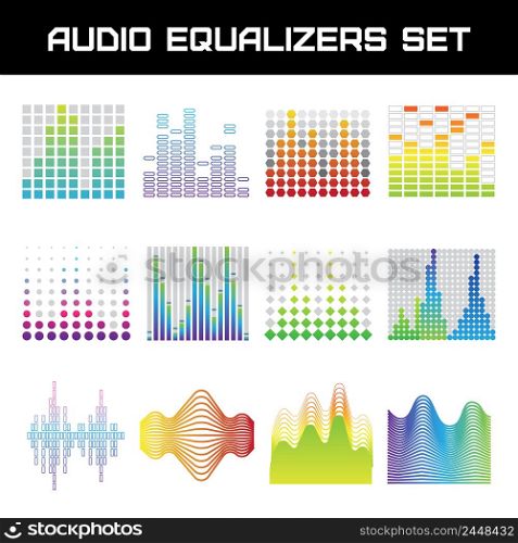 Bright audio equalizer set with sound waves symbols flat isolated vector illustration . Audio Equalizer Set