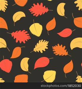 Bright autumn leaves on a dark background seamless pattern. Yellow red and orange sheets, vector illustration. Fall seasonal background.. Bright autumn leaves on a dark background seamless pattern.
