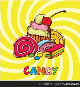 Bright background with candies and marmalade and cake.