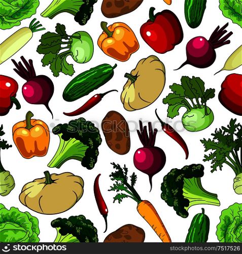 Bright background with seamless pattern of fresh picked broccoli and cabbages, cucumbers and potatoes, chili and bell peppers, beetroots and carrots, kohlrabies and daikon, squashes and celery vegetables. Fresh picked vegetables seamless pattern