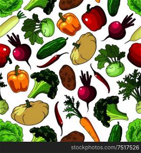 Bright background with seamless pattern of fresh picked broccoli and cabbages, cucumbers and potatoes, chili and bell peppers, beetroots and carrots, kohlrabies and daikon, squashes and celery vegetables. Fresh picked vegetables seamless pattern