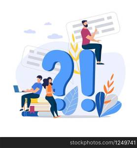 Bright Banner Answers on Questions Cartoon Flat. Monitoring Implementation Tasks. Guy with Girl Looking for Information on Issue. Man Sits on Big Exclamation Mark. Vector Illustration.