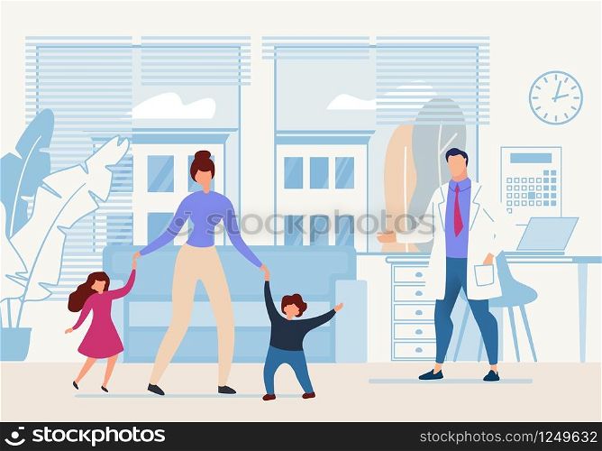 Bright Banner Childrens Doctor Cartoon Flat. Poster Mother Brought Children to Doctor for Examination. Interior Office Childrens Doctor. Modern Childrens Clinic. Vector Illustration.