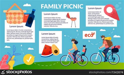 Bright Banner Eco Products for Family Picnic. Married Couple with Child Ride Bicycle on Nature to have Picnic. Woman Dreams Barbecue. Man Cares about Eco Products. Vector Illustration.. Bright Banner Eco Products for Family Picnic.