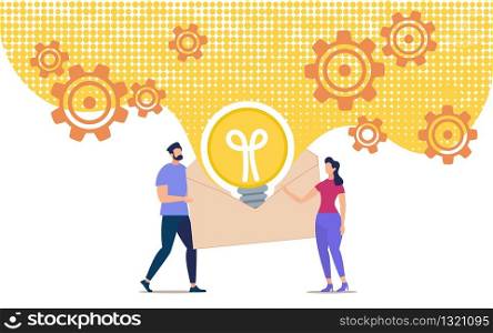 Bright Banner Envelope with Information About Idea. Conceptual Idea People Pass on Their Ideas to Others. Man and Woman are Looking Open Envelope in Middle which is Glowing Light Bulb.