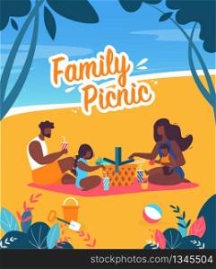 Bright Banner Family Picnic Lettering Cartoon. Summer Poster Parents with Children Sit on Picnic Bed and Eat Together. Flat Flyer Family Picnic by Sea or Ocean. Vector Illustration.. Bright Banner Family Picnic Lettering Cartoon.