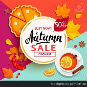 Bright banner for autumn sale.. Bright banner for autumn sale with pumpkin pie, tea and autumn leaves on geometric background. Vector illustration.