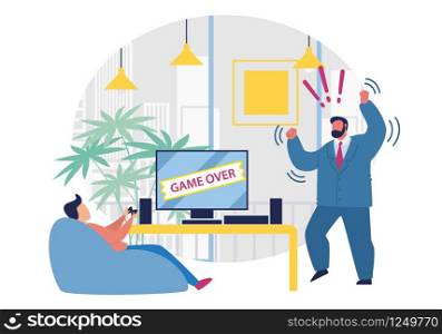 Bright Banner Game Over is Written on Screen. Guy is Sitting on Couch and Playing Video Game. Boss in Suit is Angry at Subordinate. Vector Illustration. On Computer Screen Inscription Game Over.