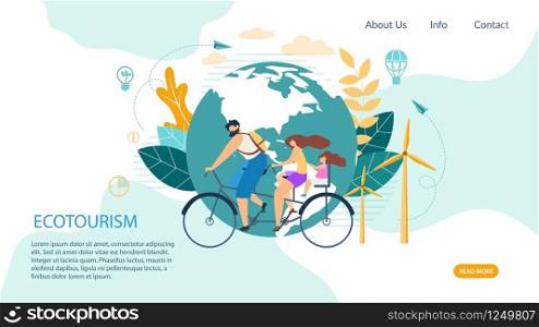 Bright Banner Inscription Ecotourism Cartoon. Traditional Tricks to Improve Situation in Office. Poster Man and Woman with Child Ride Tandem Bicycle on Background Round Planet. Vector Illustration.
