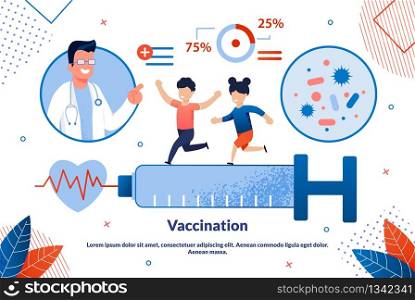 Bright Banner Inscription Vaccination Cartoon. Wide Format Research Provided and Guarantees Absolute Accuracy Results. Happy Children Run on Large Syringe, Doctor Looks at Them. Vector Illustration.