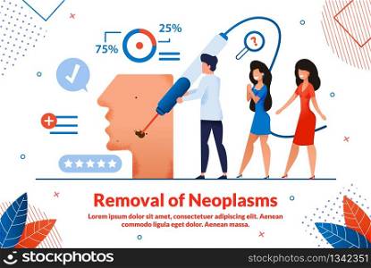 Bright Banner is Written Removal of Neoplasms. Experience and Technology are Used in Medicine. Male Doctor Removes Mole from Face, Happy Girls are Standing Nearby. Vector Illustration.