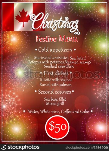 Bright banner Merry Christmas. Blank with approximate christmas menu and flag of Canada. Festive template with fireworks. Vector Illustration.. Bright banner Merry Christmas. Blank with approximate christmas menu and flag of Canada. Vector.