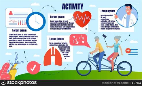 Bright Banner Physical Activity People in Old Age. Elderly Couple Rides Tandem Bicycle Together. Woman Taking Selfie On Bike Ride. Doctor Makes Recommendations For Healthy Lifestyle.