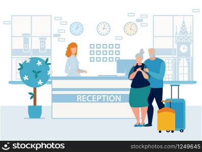 Bright Banner Reception Service Cartoon Flat. Husband and Wife are with Luggage on Site. Check in at Hotel Reception. Flyer Confirmation Reservation and Accommodation in Apartment.