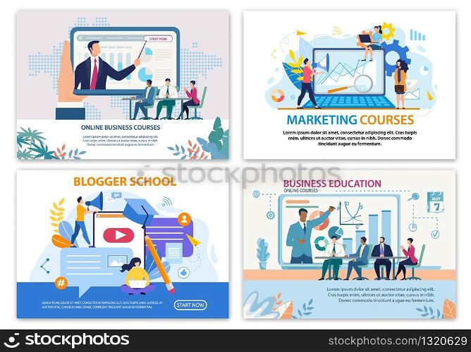 Bright Banner Set Online Business Courses Flat. Poster Marketing Courses. Blogger School. Business Education. Men and Women Learn Business Skills and Practical Techniques Online Cartoon.