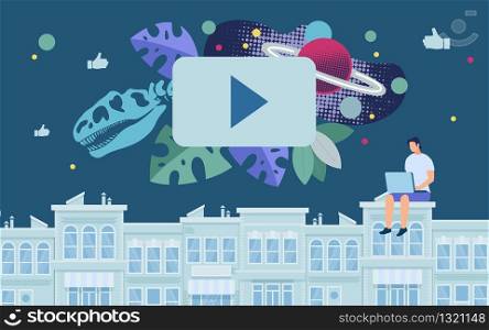 Bright Banner Watching Educational Video Flat. Conceptual Idea Man Explores Cosmic History. Guy is Sitting on Roof House with Laptop and Watching Video About Space. Vector Illustration.