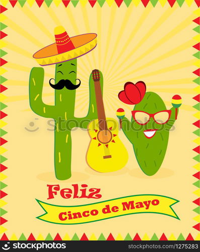 Bright banner with merry cacti and text for Cinco de Mayo day. Bright banner with cacti for Cinco de Mayo