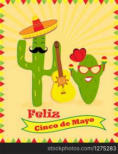 Bright banner with merry cacti and text for Cinco de Mayo day. Bright banner with cacti for Cinco de Mayo