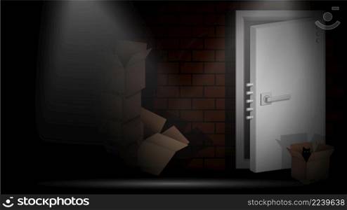 bright beam illuminates dark alley with secure steel door at the end. Way out of difficult crisis situation. Shelter from the inevitable problems. Crime on streets at night. Realistic vector