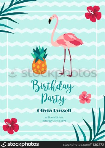 Bright Birthday invitation in Hawaiian style with flamingo and pineapple