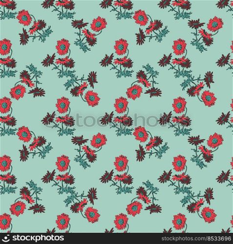 Bright blossom drawing botanical chrysanthemum pattern, floral wallpaper. Cute flowers seamless background. Vector illustration graphic design for fashion, print, banner.Trendy blue red pastel colors